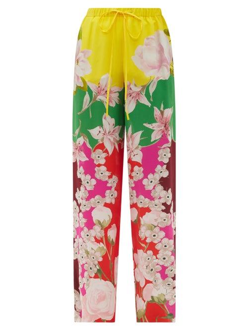 Matchesfashion.com Valentino - Floral-print Silk-crepe De Chine Trousers - Womens - Yellow Multi