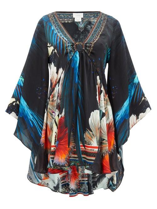 Matchesfashion.com Camilla - Night Flight Bell-sleeve Silk-satin Dress - Womens - Black Print