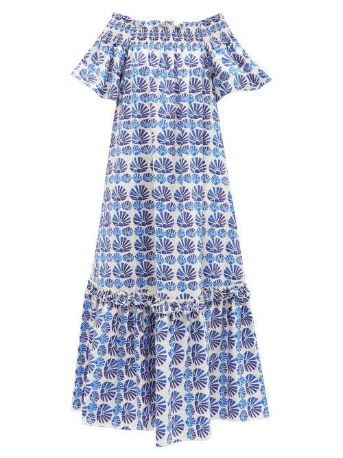 La Doublej - Capalbio Tile-print Cotton Maxi Dress - Womens - Blue White