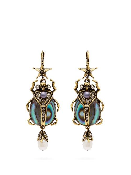 Matchesfashion.com Alexander Mcqueen - Crystal And Pearl Embellished Beetle Earrings - Womens - Blue
