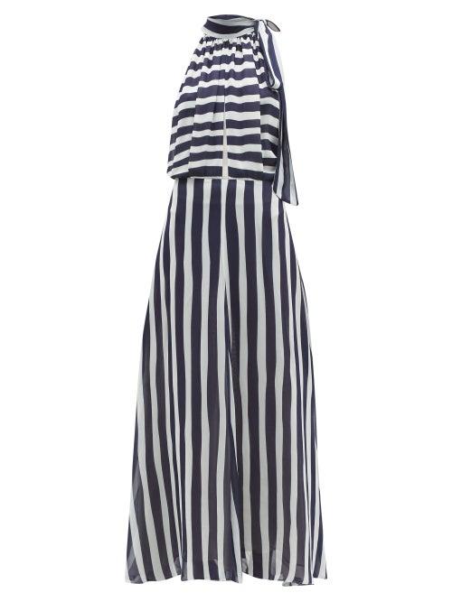 Matchesfashion.com Odyssee - Beau Striped Chiffon Maxi Dress - Womens - Navy