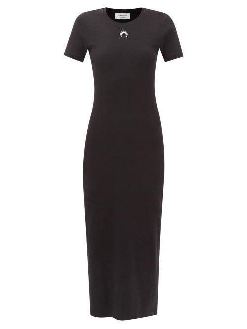 Marine Serre - Crescent Moon Ribbed Organic-cotton Dress - Womens - Black