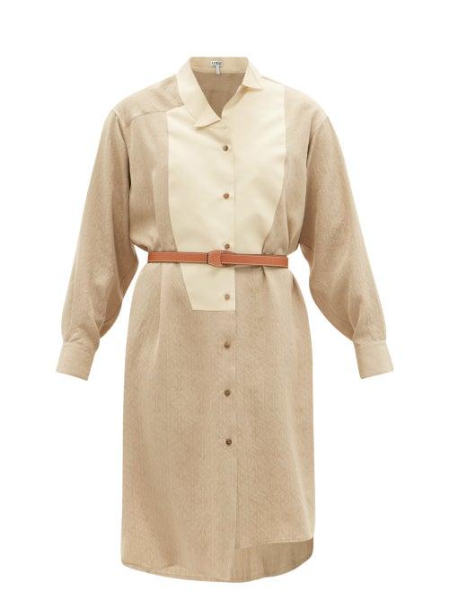 Matchesfashion.com Loewe - Anagram-embroidered Silk Shirt Dress - Womens - Beige