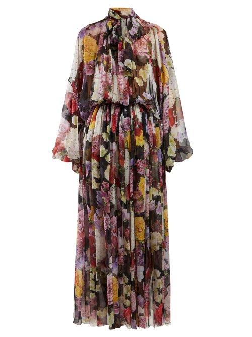Matchesfashion.com Dolce & Gabbana - Gathered Floral Print Georgette Gown - Womens - Black Multi