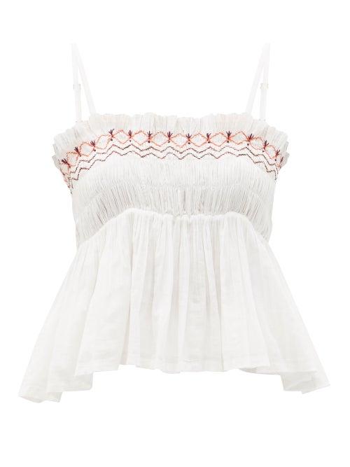 Ladies Beachwear Anaak - Rosa Embroidered Smocked Cotton-voile Top - Womens - White