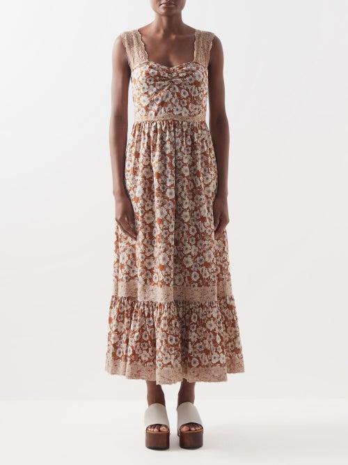 Gucci - Floral-print Lace-trimmed Twill Dress - Womens - Brown Multi