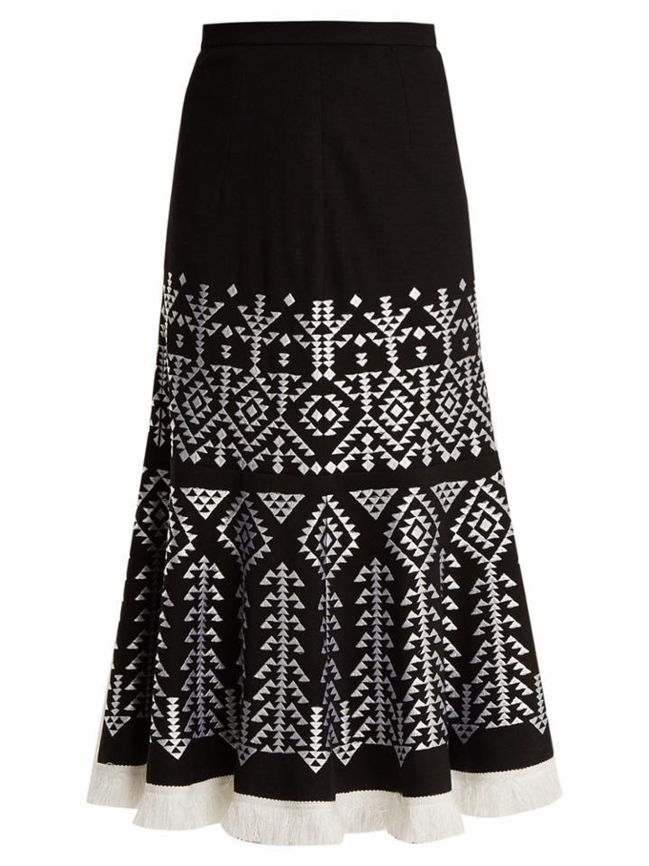 Andrew Gn Aztec-embroidered Wool-blend Midi Skirt