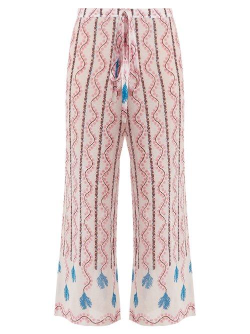 Matchesfashion.com Le Sirenuse, Positano - Viola Kantha Shell Print Wide Leg Cotton Trousers - Womens - Pink Print