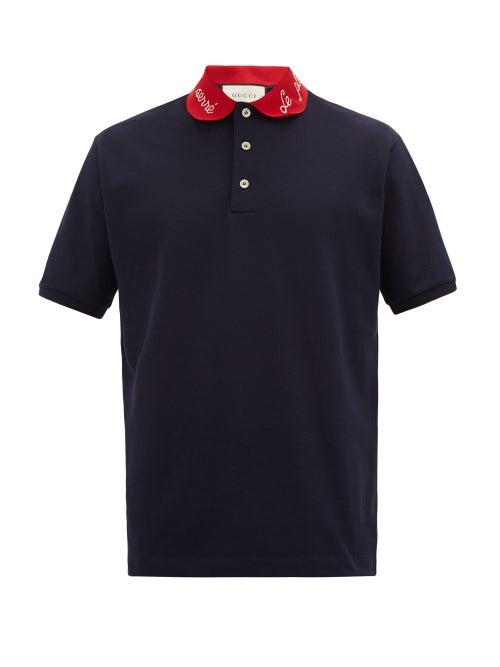 Matchesfashion.com Gucci - Embroidered-collar Cotton-blend Polo Shirt - Mens - Navy