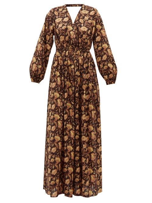 Matchesfashion.com Matteau - Backless Balloon Sleeved Cotton Poplin Maxidress - Womens - Yellow Print