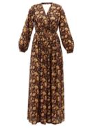 Matchesfashion.com Matteau - Backless Balloon Sleeved Cotton Poplin Maxidress - Womens - Yellow Print