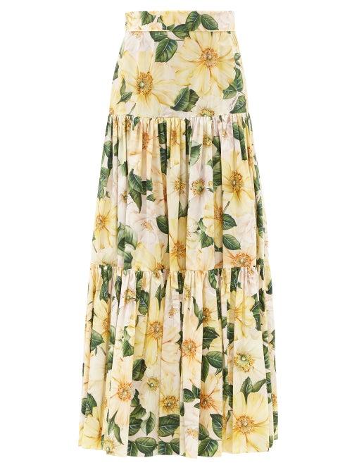 Matchesfashion.com Dolce & Gabbana - Camelia-print Tiered Cotton Maxi Skirt - Womens - Yellow Print