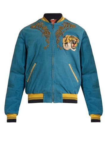 Matchesfashion.com Gucci - Dragon Embroidered Corduroy Bomber Jacket - Mens - Blue