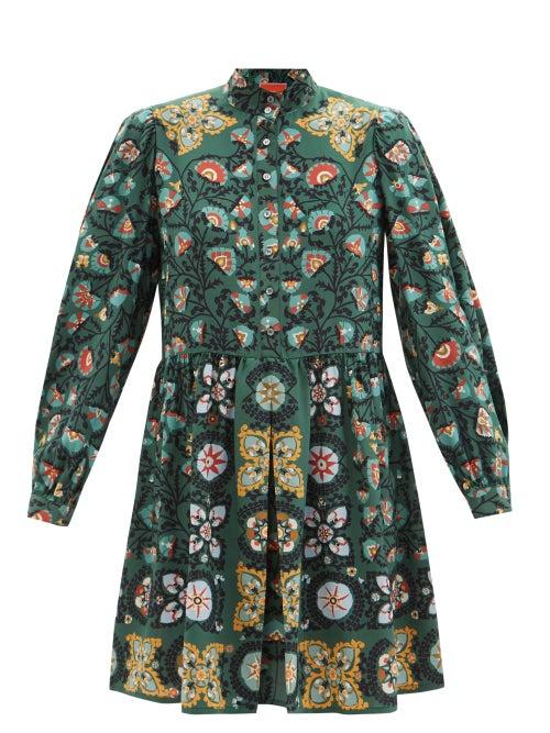 La Doublej - Shorty Floral-print Silk-satin Dress - Womens - Green Multi