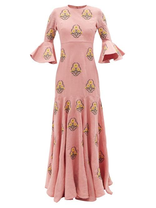 Agua By Agua Bendita - Gardenia Floral-embroidered Linen Maxi Dress - Womens - Pink Multi
