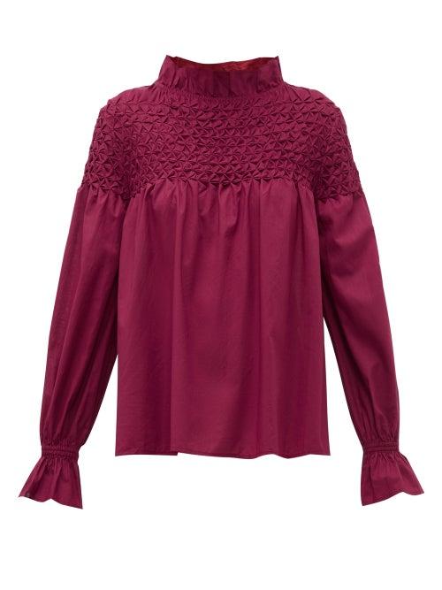 Matchesfashion.com Merlette - Majorelle Smocked Cotton Blouse - Womens - Burgundy