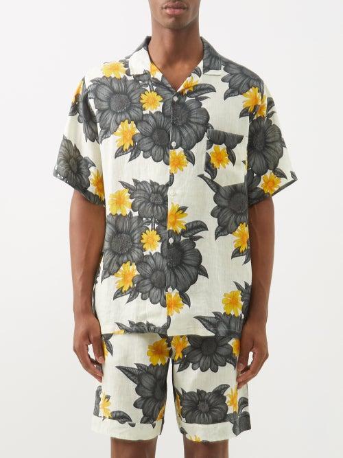 Desmond & Dempsey - Short-sleeved Floral-print Linen Pyjama Shirt - Mens - Cream Multi