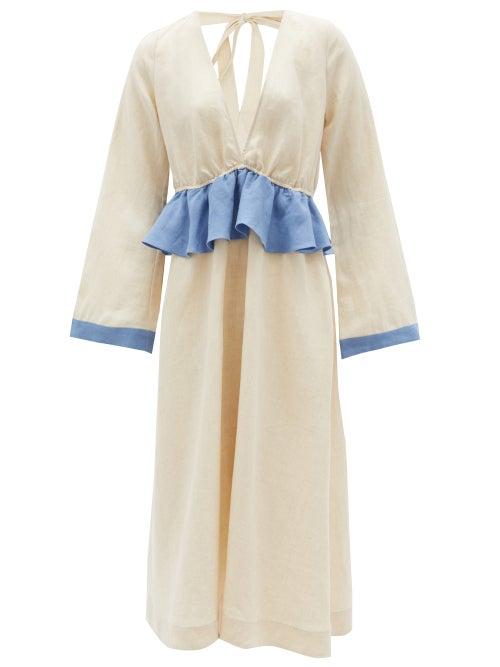 Matchesfashion.com Casa Raki - Eva Contrast-ruffle Organic-linen Midi Dress - Womens - Beige Multi
