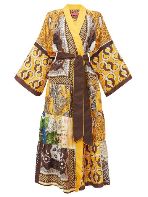 Matchesfashion.com F.r.s - For Restless Sleepers - Iuventas Belted Patchwork Silk Coat - Womens - Yellow Multi