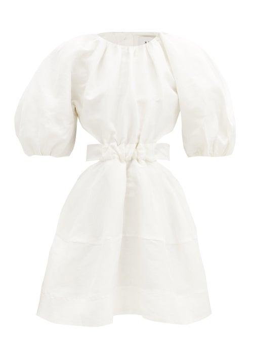 Matchesfashion.com Aje - Psychedelia Puff-sleeved Cutout Linen-blend Dress - Womens - White