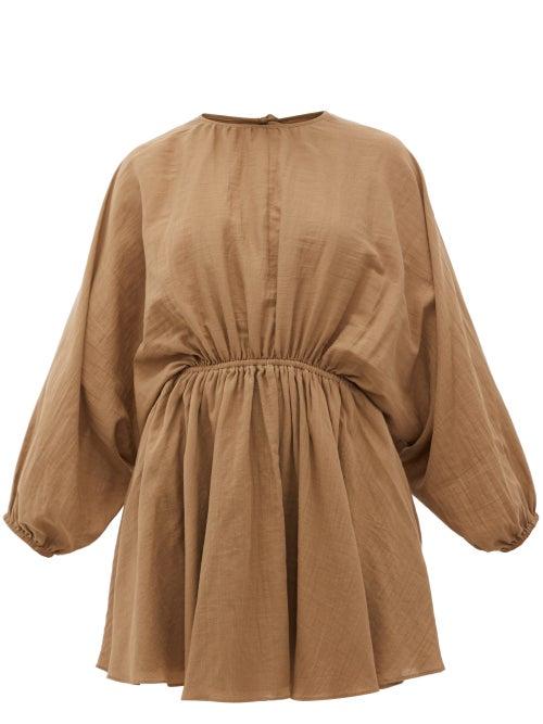 Matchesfashion.com Loup Charmant - Kitta Batwing-sleeve Organic Cotton Mini Dress - Womens - Brown