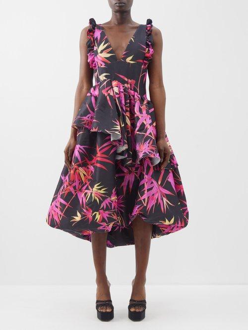 Kika Vargas - Lori Plunge-front Printed Taffeta Midi Dress - Womens - Black Pink