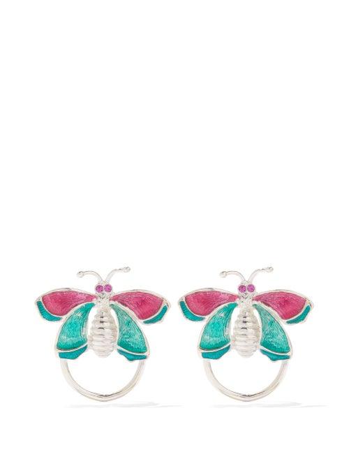 Chopova Lowena - Crystal And Enamel Butterfly Earrings - Womens - Silver Multi