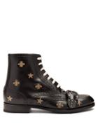 Matchesfashion.com Gucci - Embroidered Lace Up Leather Brogue Boots - Mens - Black Multi