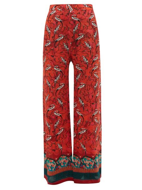 Matchesfashion.com Chufy - Najima Peacock Print Wide Leg Trousers - Womens - Red Multi