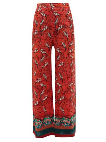 Matchesfashion.com Chufy - Najima Peacock Print Wide Leg Trousers - Womens - Red Multi