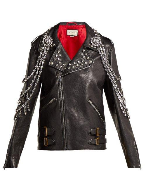 Matchesfashion.com Gucci - Yankees Crystal Embellished Leather Biker Jacket - Womens - Black Multi