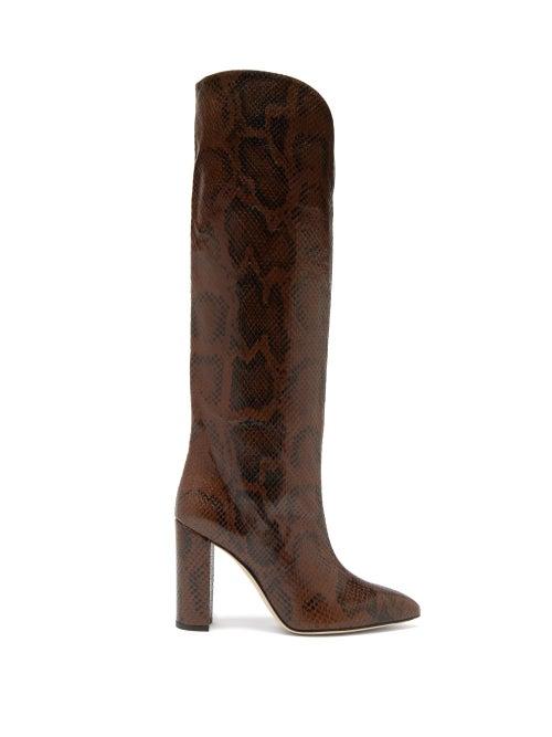 Matchesfashion.com Paris Texas - Knee-high Python-effect Leather Boots - Womens - Dark Brown