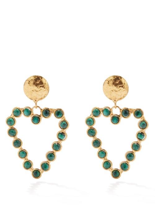 Sylvia Toledano - Heart Drop Malachite Clip Earrings - Womens - Green Gold