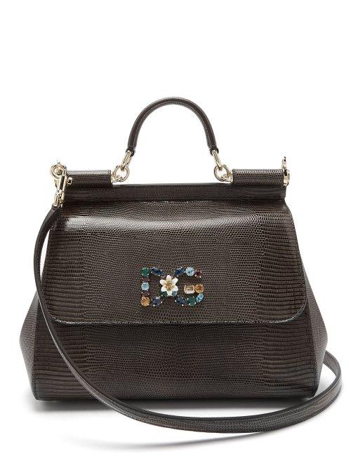 Matchesfashion.com Dolce & Gabbana - Sicily Medium Iguana Effect Leather Bag - Womens - Dark Grey