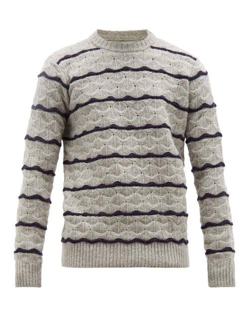 Matchesfashion.com President's - Stripe Jacquard Wave Knit Wool Sweater - Mens - Grey
