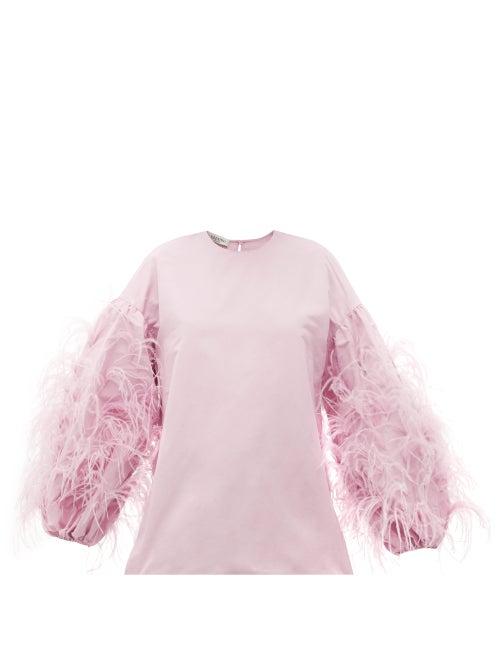 Matchesfashion.com Valentino - Feather-trim Cotton-blend Faille Blouse - Womens - Light Pink