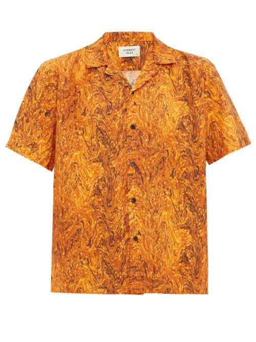Matchesfashion.com Everest Isles - Oil Spill Marbled Print Cuban Collar Shirt - Mens - Orange Multi