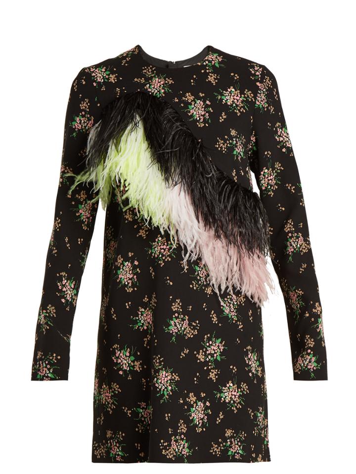 Msgm Feather-embellished Floral-print Crepe Dress