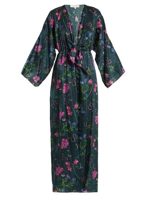 Matchesfashion.com Borgo De Nor - Elsa Surreal Print V Neck Satin Kimono Dress - Womens - Green Print