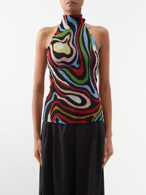 Pucci - Halterneck Smocked Printed Crepe De Chine Top - Womens - Black Multi