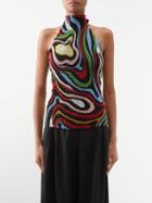 Pucci - Halterneck Smocked Printed Crepe De Chine Top - Womens - Black Multi
