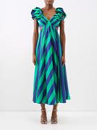 Zimmermann - Tiggy Frilled Striped Silk Midi Dress - Womens - Navy Green