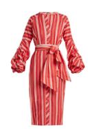 Matchesfashion.com Johanna Ortiz - Striped Balloon Sleeve Linen Dress - Womens - Red
