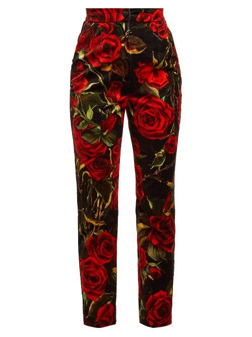 Matchesfashion.com Dolce & Gabbana - Rose Print Velvet Trousers - Womens - Black Multi