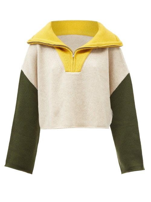 Jw Anderson - Colour-block Zip-neck Sweater - Womens - Green Multi