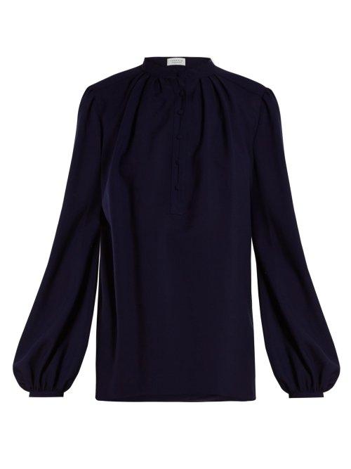 Matchesfashion.com Gabriela Hearst - Birkin Gathered Cashmere Voile Blouse - Womens - Navy