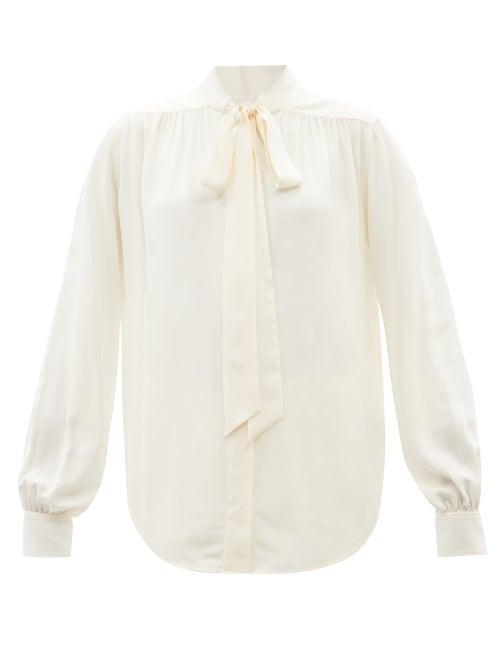 Ladies Rtw Victoria Beckham - Pussybow Gathered Silk-georgette Blouse - Womens - Ivory