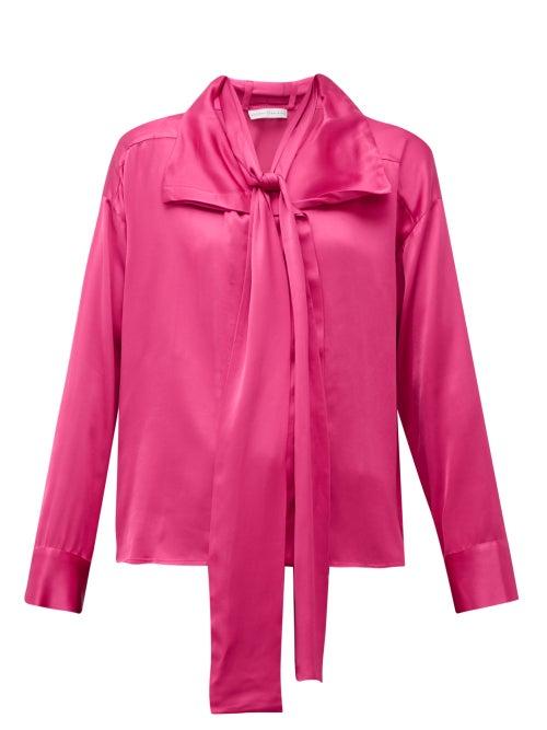 Matchesfashion.com Palmer//harding - Levelled Neck Tie Satin Blouse - Womens - Pink