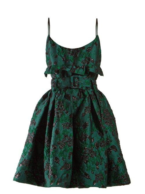 Matchesfashion.com Prada - Belted Satin Brocade Mini Dress - Womens - Green Multi