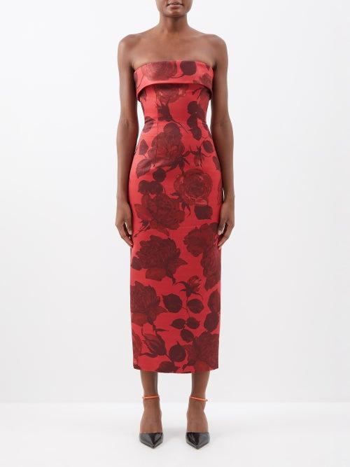Emilia Wickstead - Keeley Floral-print Duchess-satin Strapless Dress - Womens - Red Pink